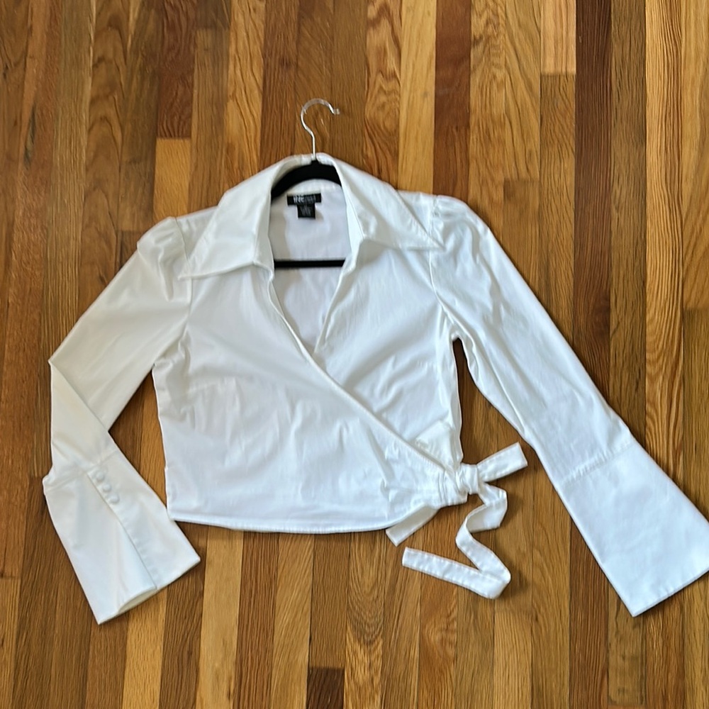 White Wrap Blouse with Bell Sleeves and Wide Collar